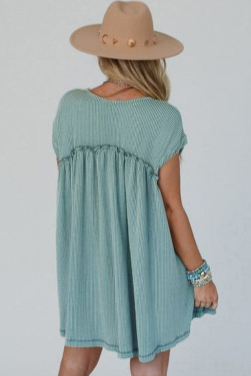 Corded Texture Frill Hem Pocketed Swing Mini Dress